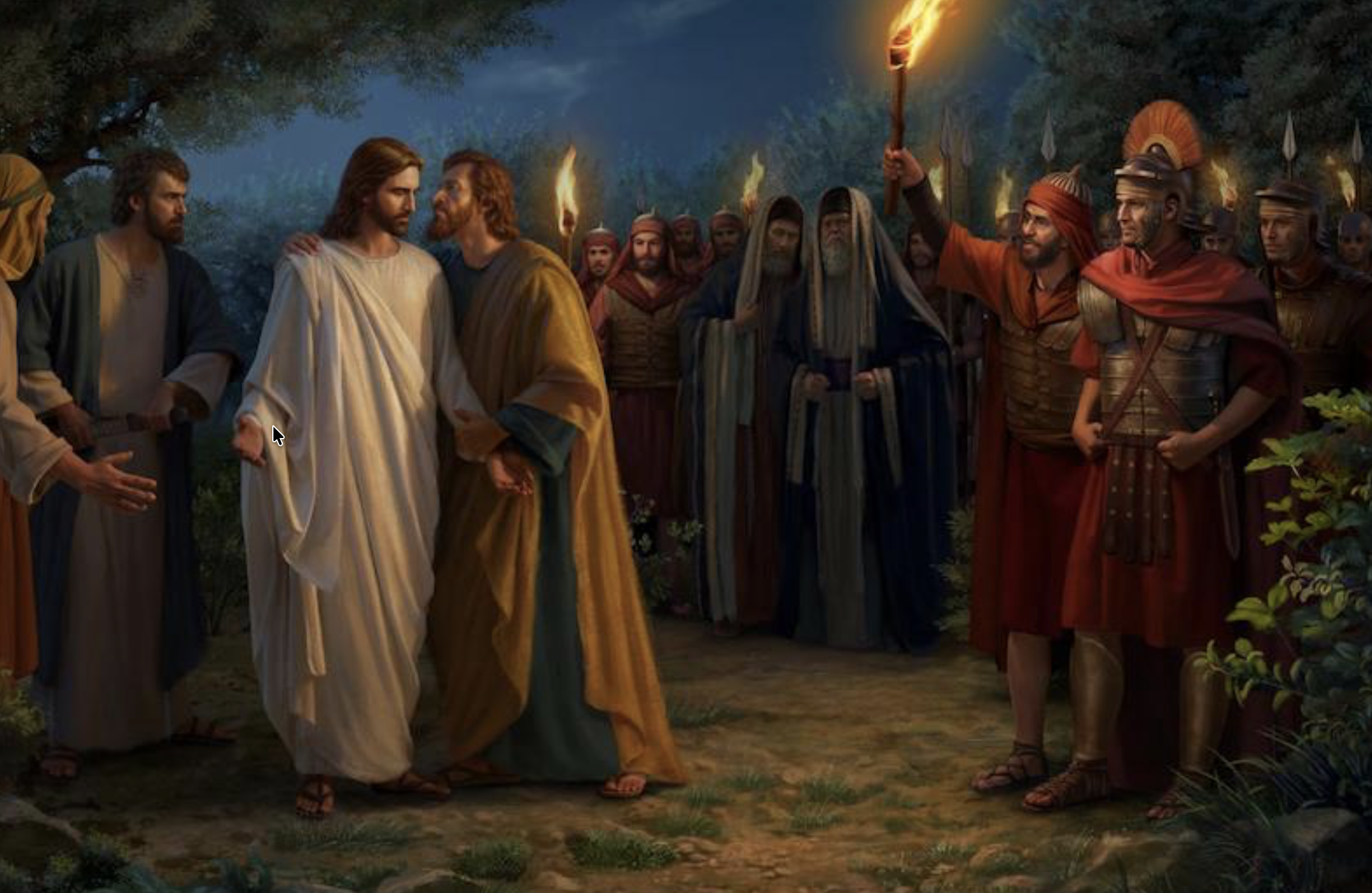 Jesus is arrested at night.