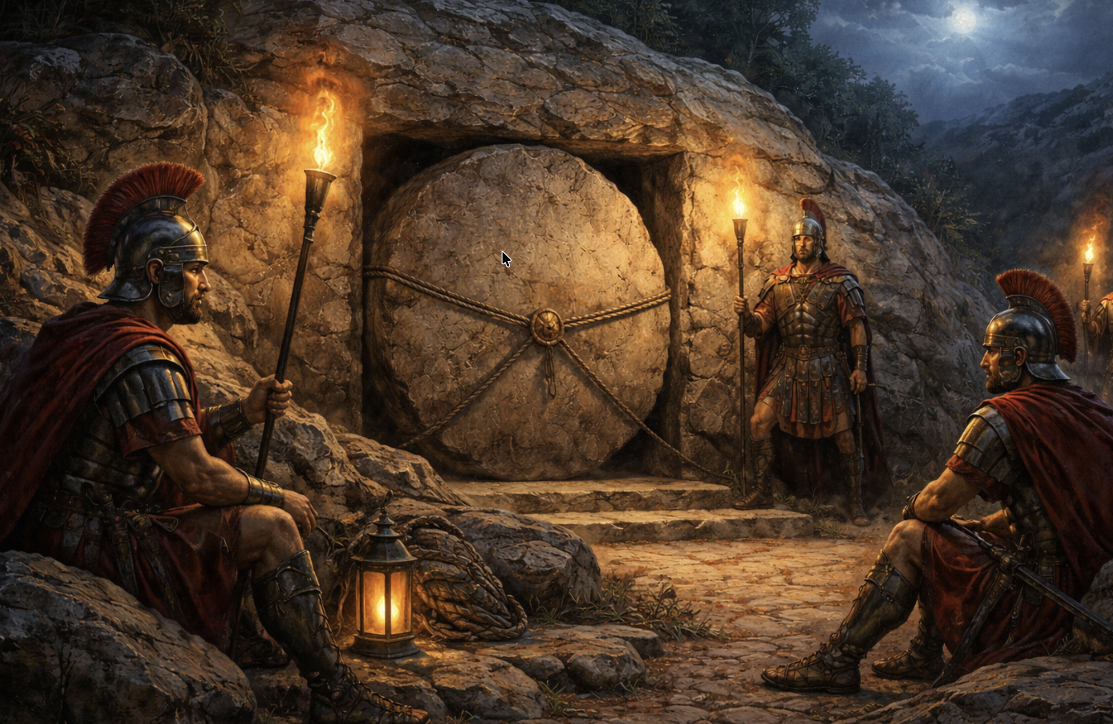 Roman soldiers guard the tomb.