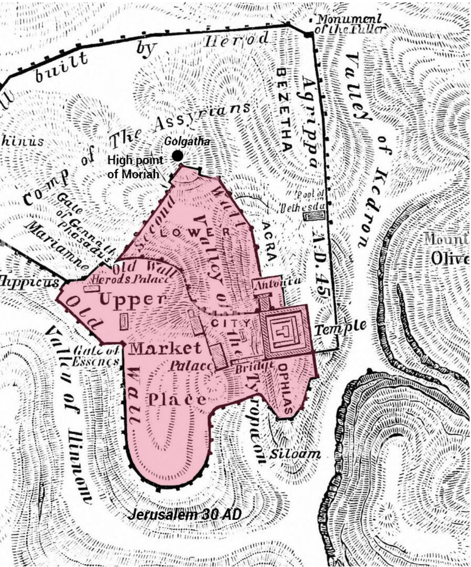 Map of Jerusalem with Golgotha marked